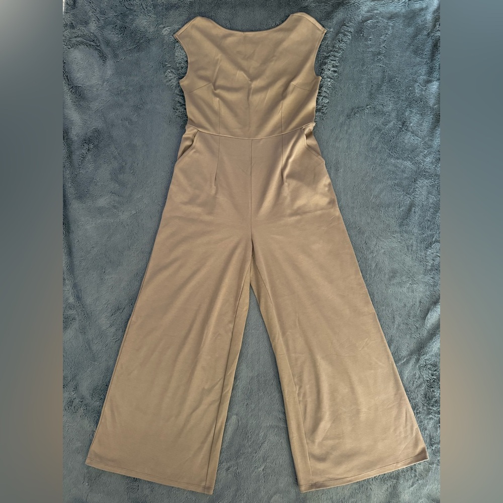 Stretchy tan/khaki wide leg jumpsuit with a flattering fit